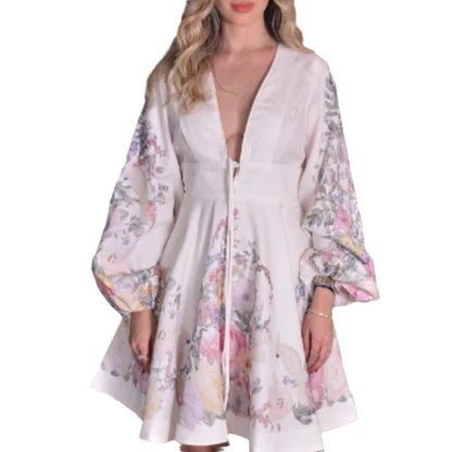 Robe pour femme avec jupe courte à manches lanternes et imprimé sexy en V profond