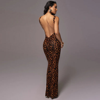 European And American Style Fashion Leopard Print Backless Slim Fit Mid-length Dress