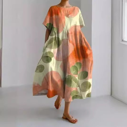 Robe imprimée 3D à col rond et manches courtes pour femmes, grande taille