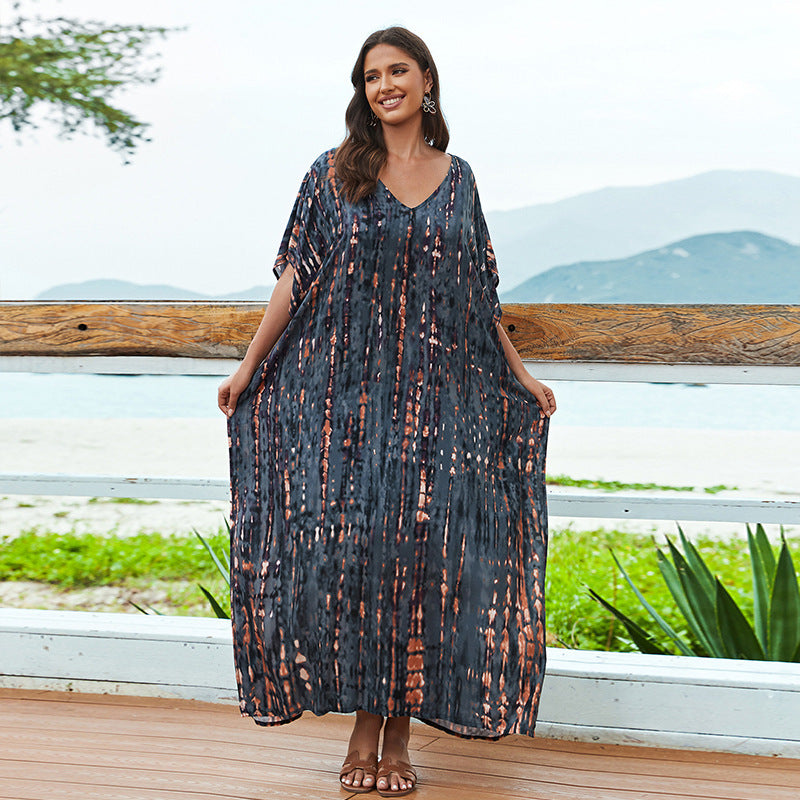 Vestido playero largo de rayón teñido anudado, camisa de protección solar