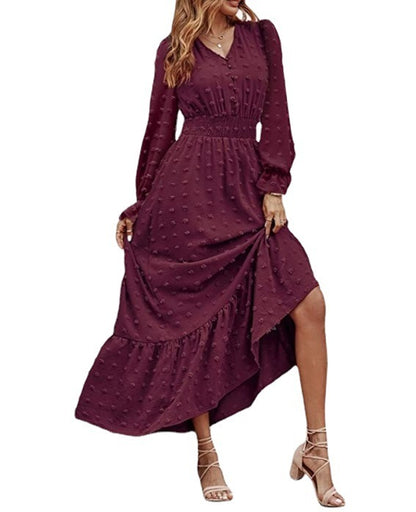 Bohemian Long Sleeve V-neck Polka Dot Dress