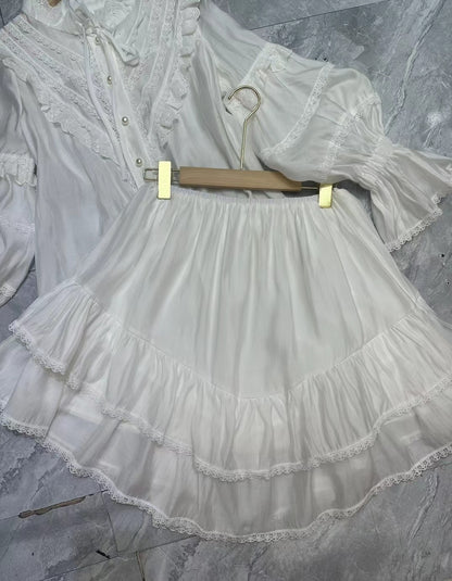 Vestido de estilo americano dulce, nuevo, con cuello de encaje, botonadura sencilla, manga corta tipo farol y orejas de madera en la cintura