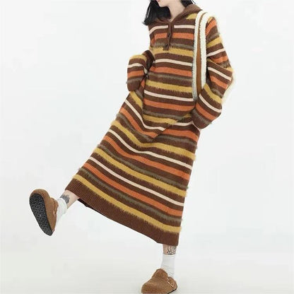 Contrast Color Stripes Straight Knit Temperament Soft Glutinous Idle Style Retro Dress