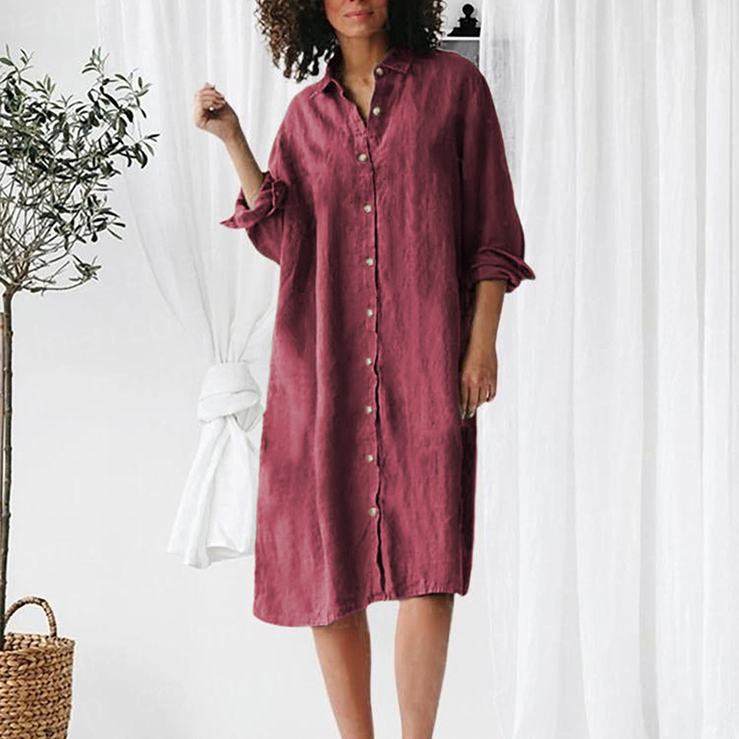 Long Sleeve Lapel Button Shirt Mid-length Dress