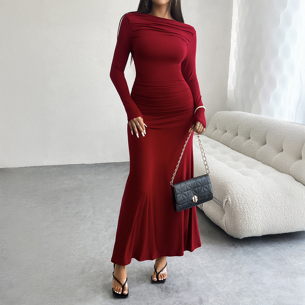 Solid Color Sheath Off-neck Dress