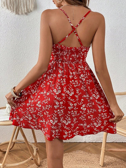 Flower Printed V-neck Large Swing Dress