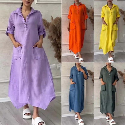 Robe décontractée en coton et lin de couleur unie avec col polo et poche pour femme