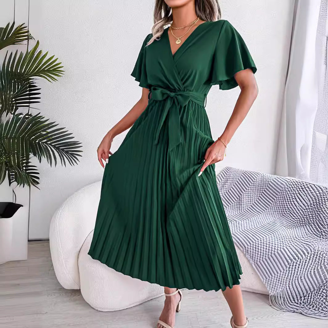 Robe longue plissée à col en V pour femme