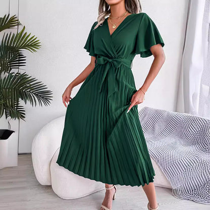 V-neck Swing Pleated Maxi Dress Women's Clothing