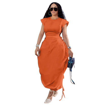 Women's Clothing Round Neck Waist Trimming Bud Skirt Solid Color Dress