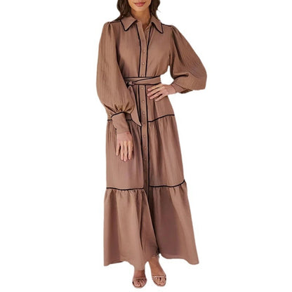 Robe élégante à rayures de couleur unie pour femme, style rétro simple, nouveau col polo, manches bouffantes, taille haute