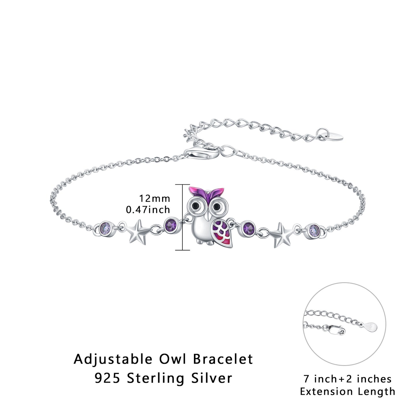 Bracelet hibou mignon en argent sterling 925 réglable, bijoux hibou violet, cadeau pour femmes, filles et adolescentes