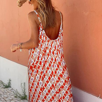 European And American Bohemian Vacation Style Wooden Ear Girl Print V-neck Brace Loose Long Dress