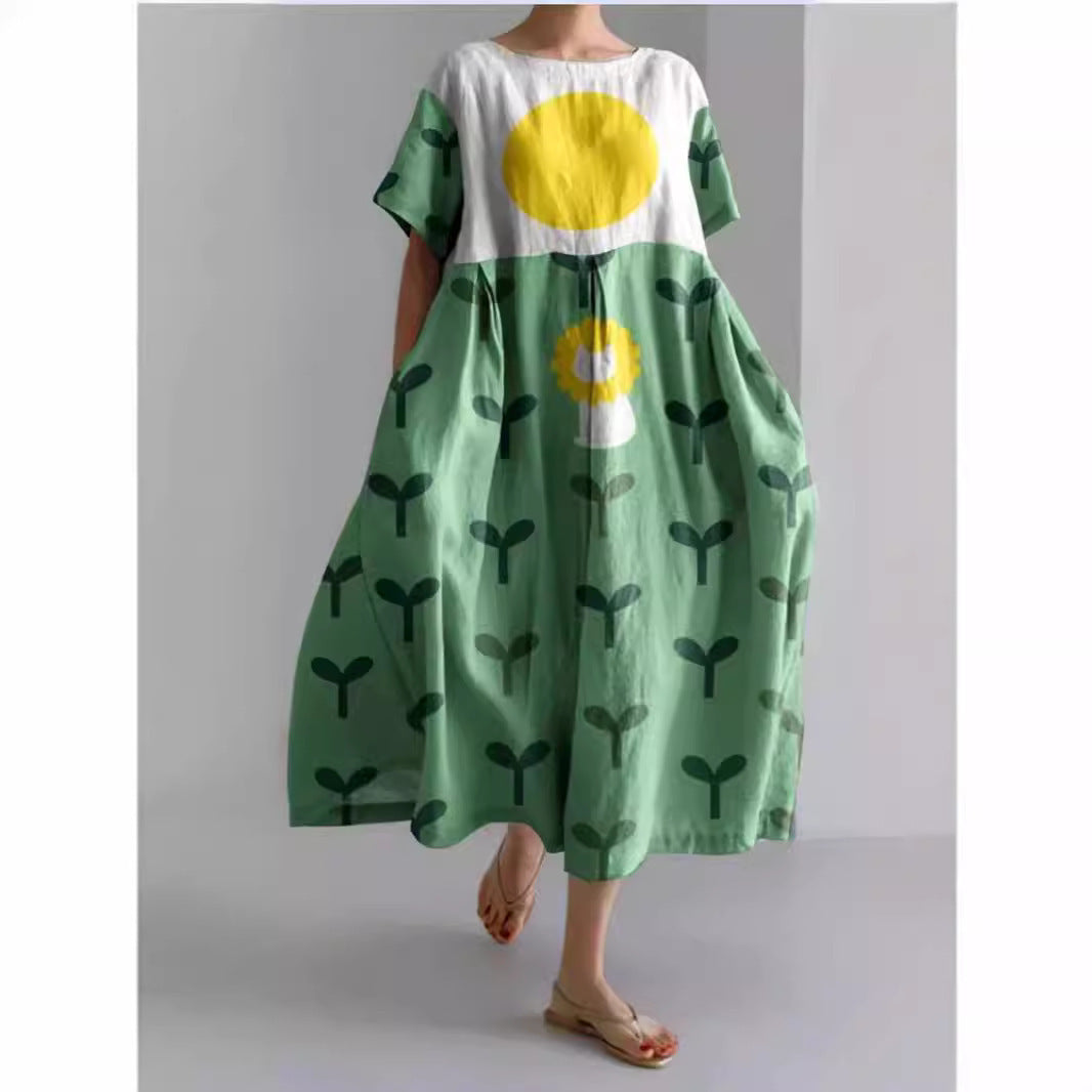 Robe imprimée 3D à col rond et manches courtes pour femmes, grande taille