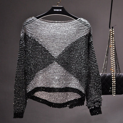 Hollow-out Sequin Loose Sweater Pullover Fil-Lumiere Underwear Blouse Long Sleeve Round