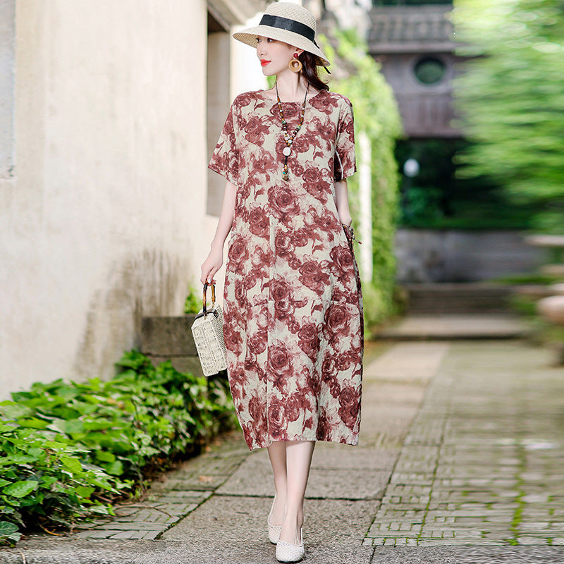 Vestido informal versátil de algodón y lino con estampado floral para mujer