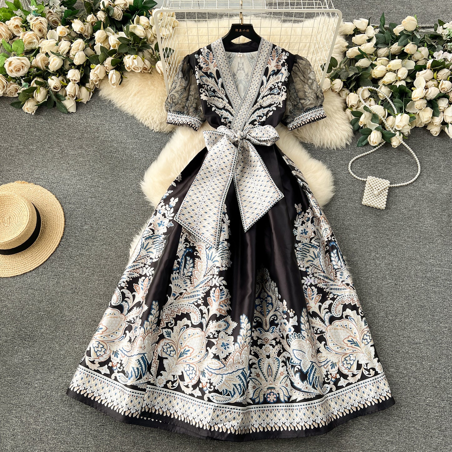 Vintage Printed Lace Up Waist-tight Long French Puff Sleeve Temperament Dress