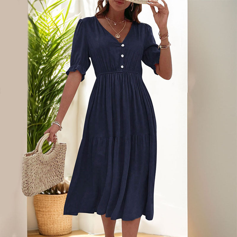 Nouvelle robe d'été européenne et américaine à taille serrée et col en V de couleur unie pour femmes