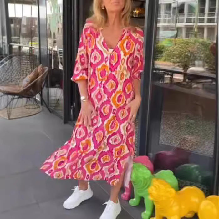 Vestido largo holgado con escote en V y estampado floral y mangas a media pierna para mujer