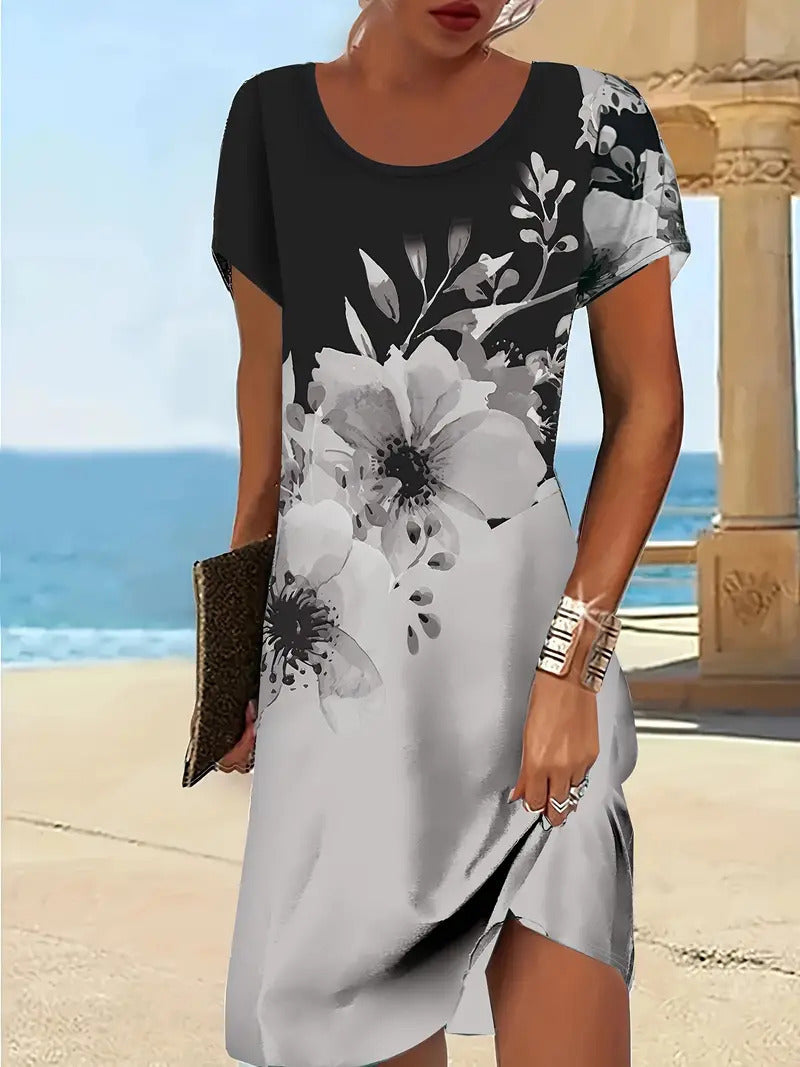 Elegance Retro Printing Digital 3D Printing Round Neck Short Sleeve A- Line Dress