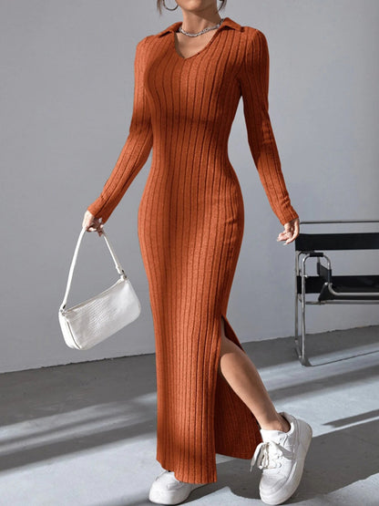 Women's Knitted Slim Lapel Long Sleeve Dress