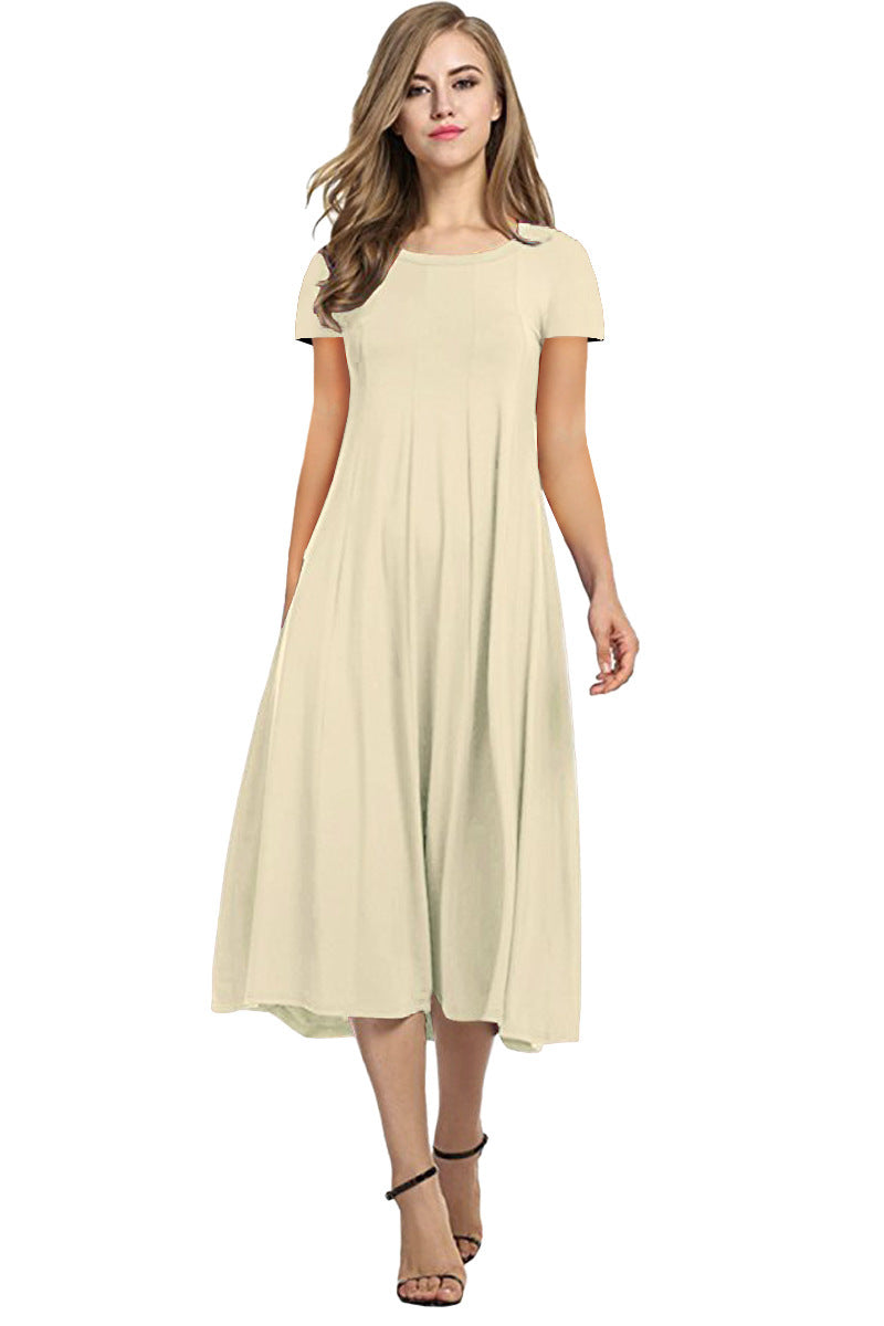 Round Neck Shirt With Half Sleeve Solid Color Wide Hem Dress