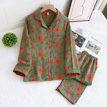 Women's Spring And Autumn Lapel Rose Double-layer Cotton Yarn Long Sleeves Home Wear Suit