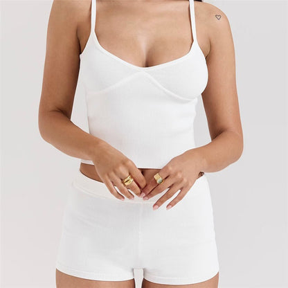 Ensemble short à bretelles et col rond, ensemble trois pièces à simple boutonnage