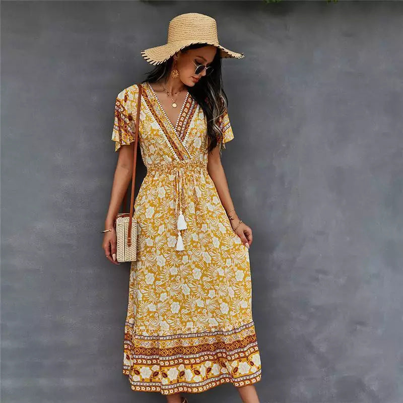 Flower Dyed Ethnic Style V-shaped Dress