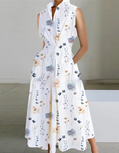 Stand-up Collar Cinched Pocket Printing Mid-length Temperament Dress