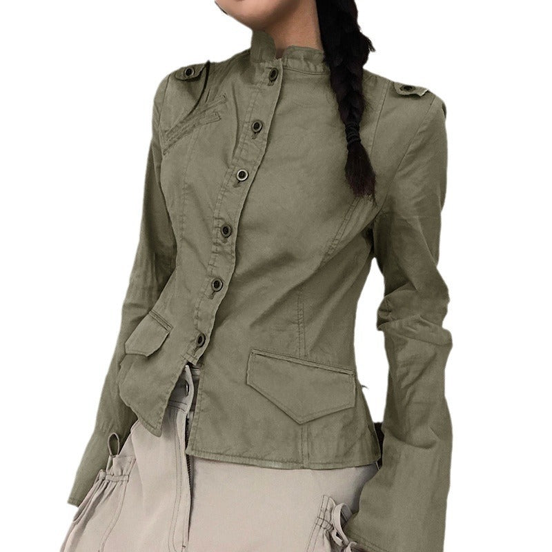 Veste tendance robuste à col montant et poche zippée pour femme