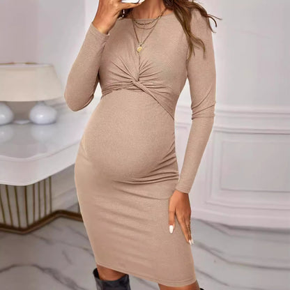 Women's Round Neck Long Sleeve Knitted Dress For Pregnant Women