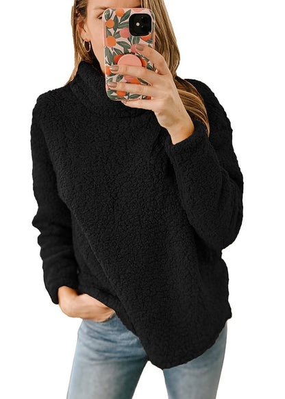 Ropa de mujer Nueva sudadera con capucha de color liso y cuello alto peludo Top de felpa para mujer