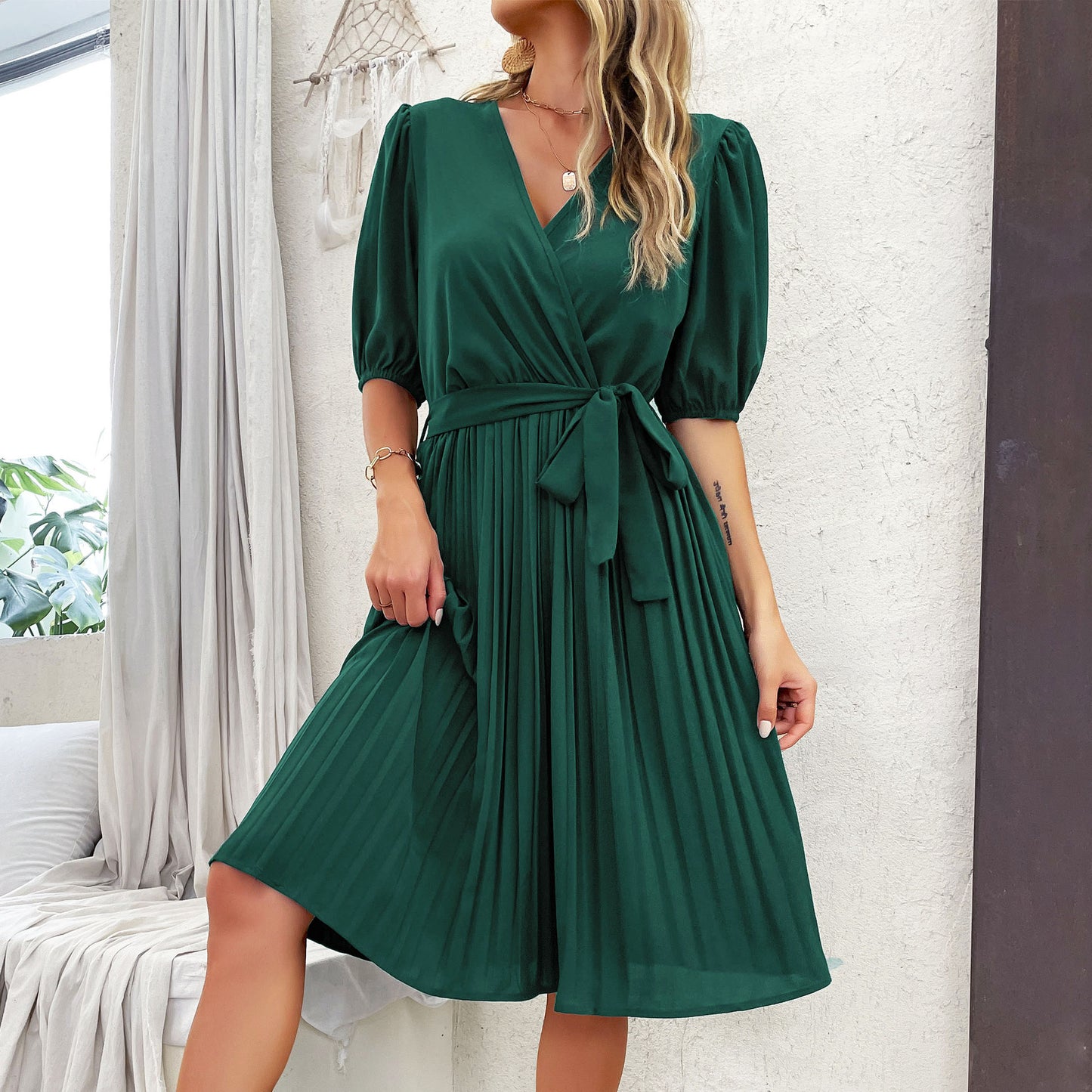 Tied V-neck Pleated Dress Women