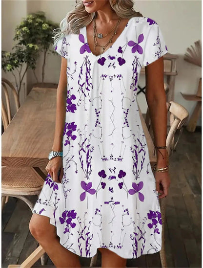 Robe à manches courtes et col en V avec imprimé floral en 3D