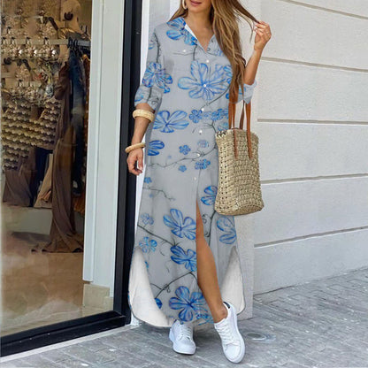 Floral Print Shirt Long Dress