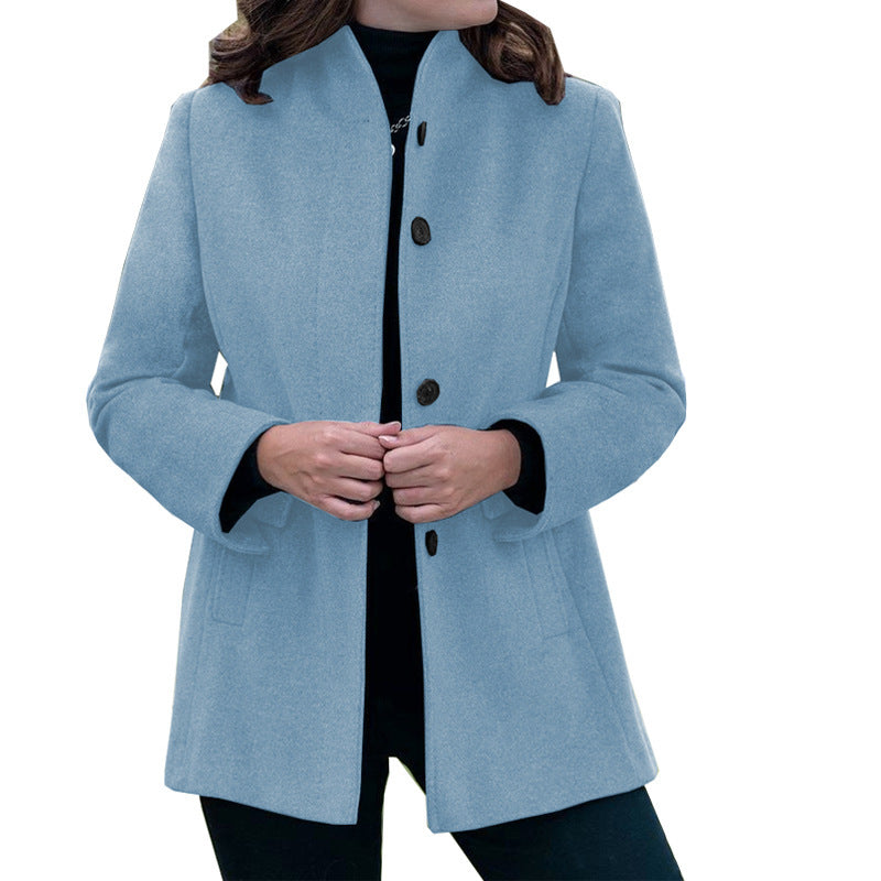 Autumn And Winter Simplicity Long Sleeve Lapel Button Slim-fit Woolen Coat Women