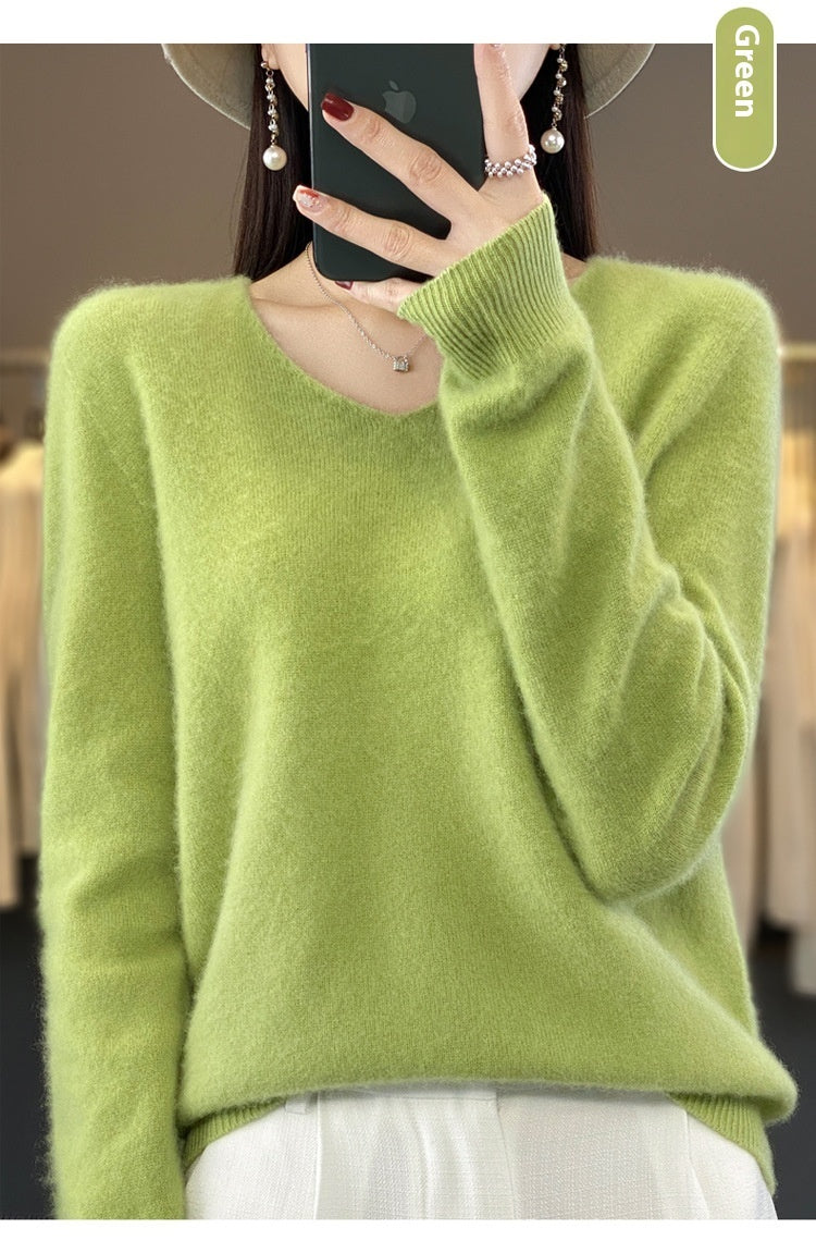 Women's Wool Sweater V-neck Autumn And Winter New Solid Color Loose-fitting Versatile Wool Loose Bottoming Shirt