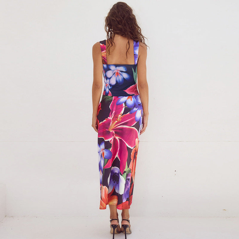 European And American Sleeveless Vest Slim-fit Midi Dress Two-piece Suit Fashion Printing