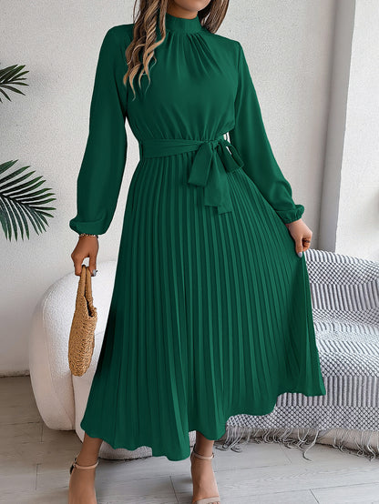 Elegant Stand Collar Long Sleeve Cinched Pleated Dress