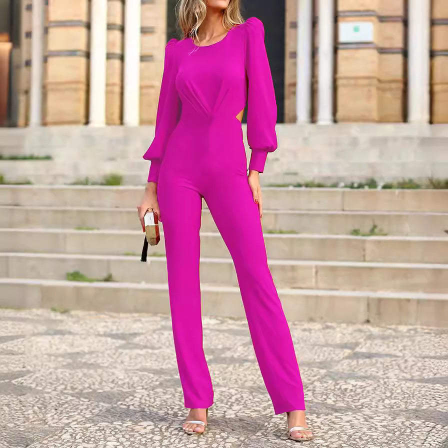 Women's Straight Round Neck Long Sleeve Backless Slim Fit Jumpsuit