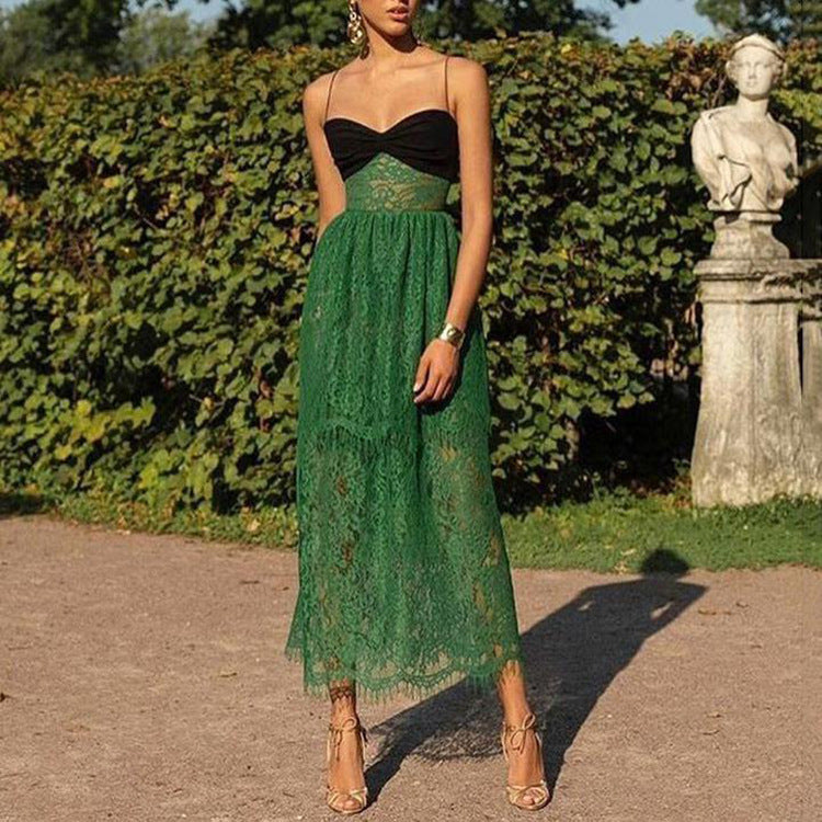 Vestido de mujer con tirantes de encaje verde hueco multicapa