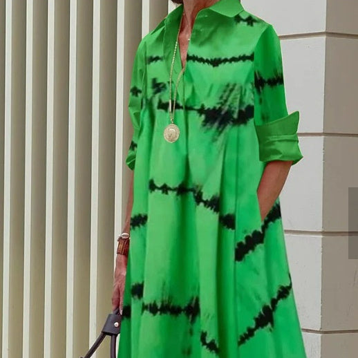 Vestido largo de mujer con cuello camisero y estampado de moda