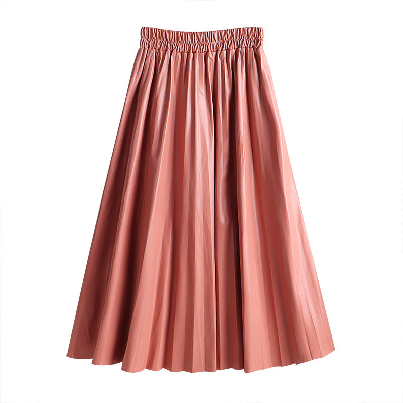 Jupe plissée en cuir PU mi-longue taille haute de couleur unie pour femmes