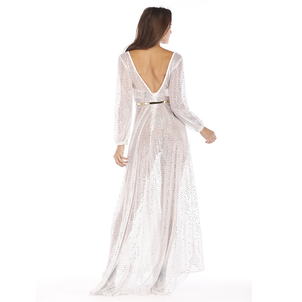 Robe de soirée longue et sexy en maille brillante pour femme