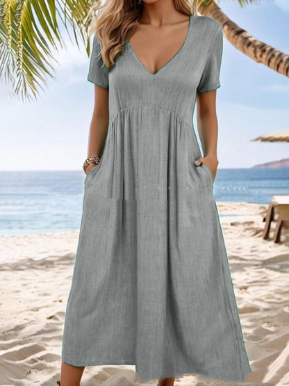 Solid Color Short Sleeve Cotton And Linen Large Swing Waist Dress