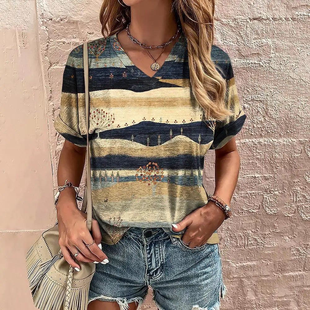 Female V-neck Casual Harajuku Striped Printed T-shirt