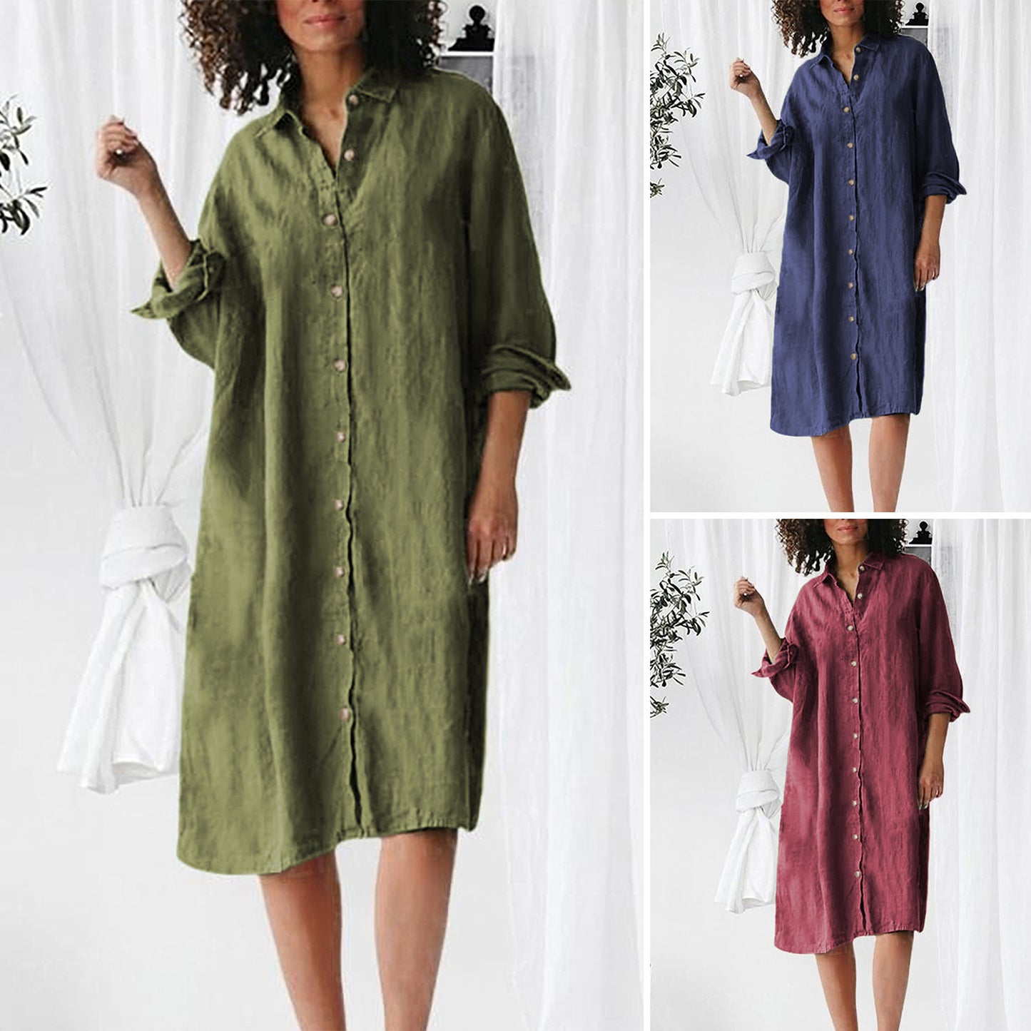 Long Sleeve Lapel Button Shirt Mid-length Dress