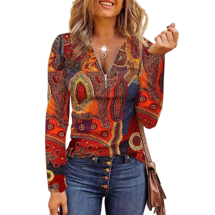 Women's Long Printed Zipper Bottoming Shirt Top