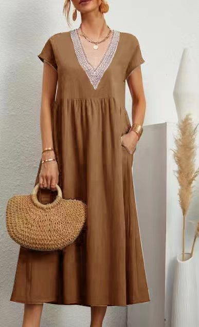 European And American Solid Color Lace V-neck Sleeveless Loose Cotton And Linen Pocket Dress